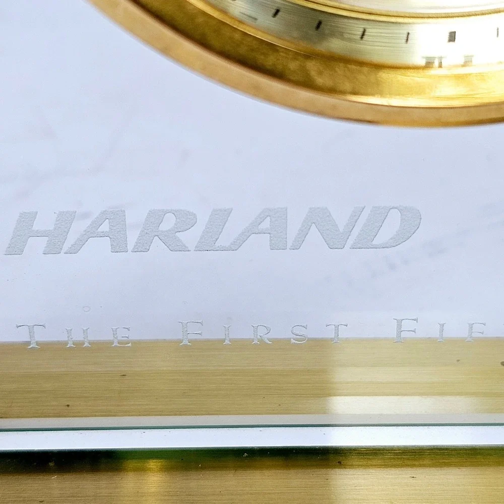 Vintage Benchmark Quartz Desk Clock Gold Tone Glass Harland Deloitte Fifty Years